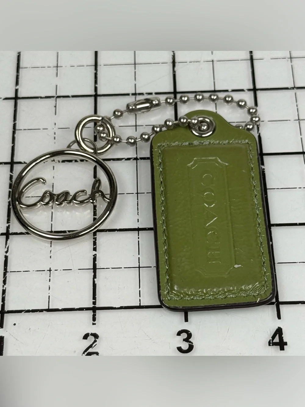 Coach Green Leather Tag Keychain with Silver Script Ring